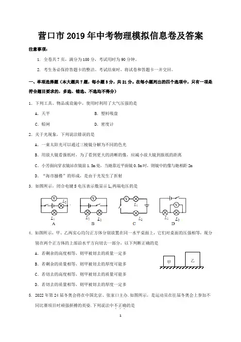 营口市2019年中考物理模拟信息卷及答案