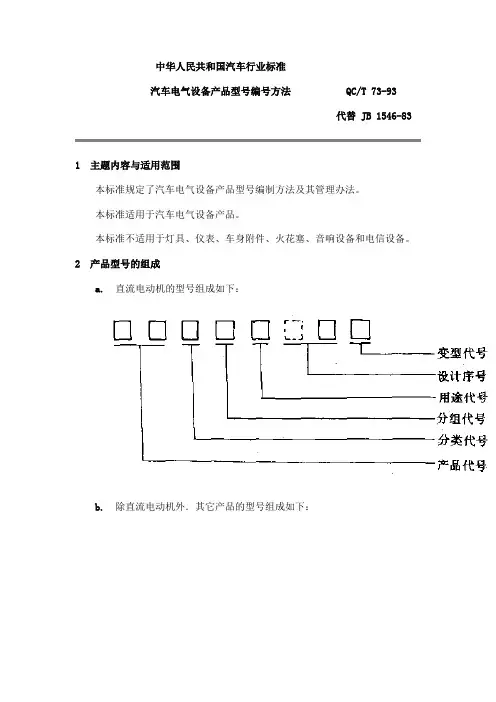 QC T 73-93汽车电气设备产品型号编号方法