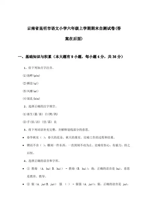 云南省昆明市小学六年级上学期期末语文试卷及答案指导