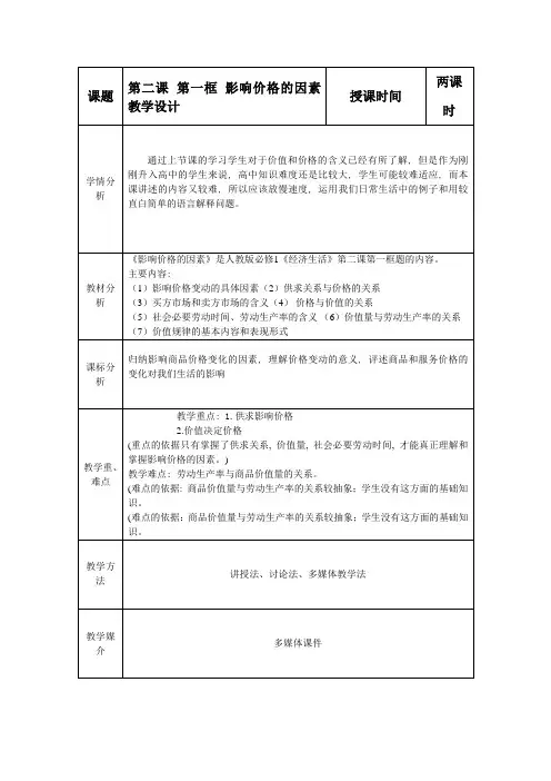 高一教案《影响价格的因素》教学设计1