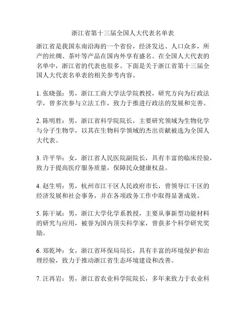 浙江省第十三届全国人大代表名单表