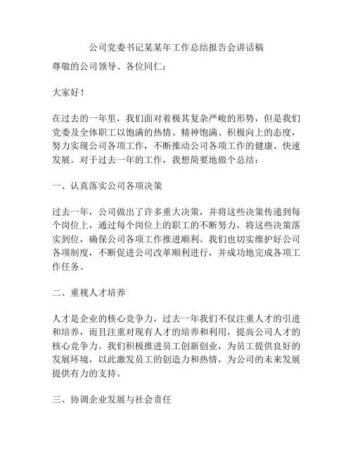 公司党委书记某某年工作总结报告会讲话稿