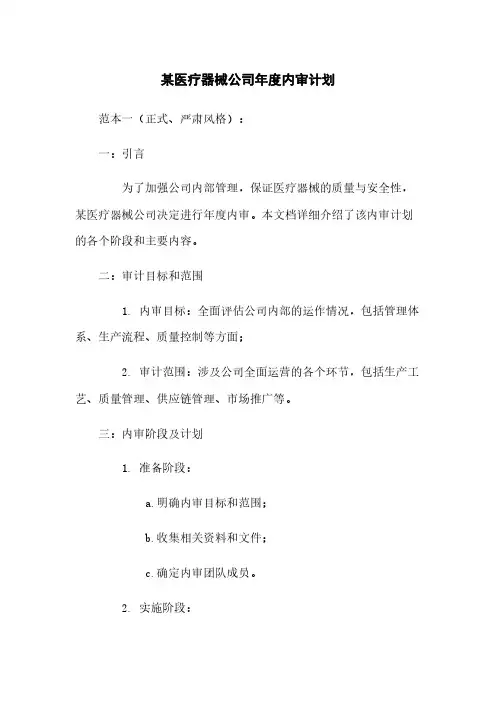 某医疗器械公司年度内审计划
