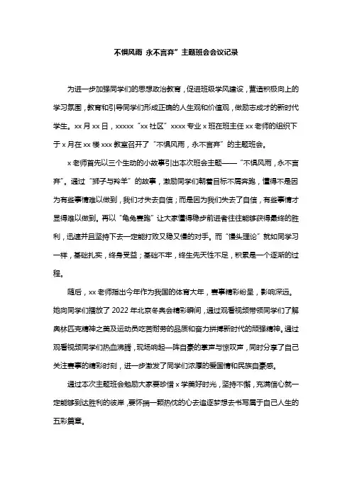 不惧风雨 永不言弃”主题班会会议记录