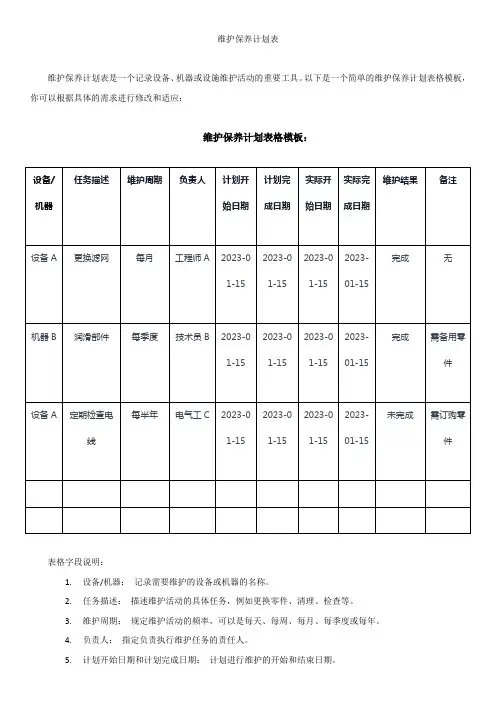 维护保养计划表