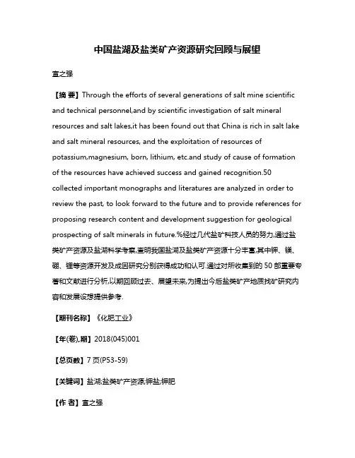 中国盐湖及盐类矿产资源研究回顾与展望
