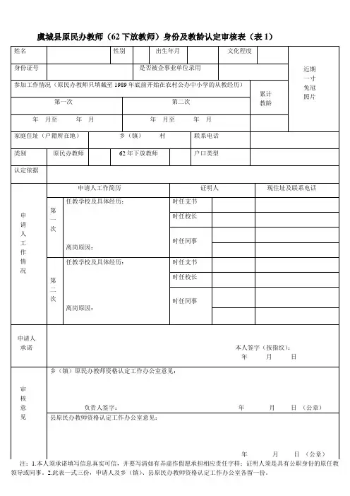 虞城县原民办教师(62下放教师)身份及教龄认定审核表(表1)