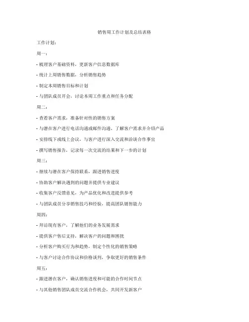 销售周工作计划及总结表格