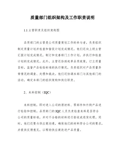 质量部门组织架构及工作职责说明