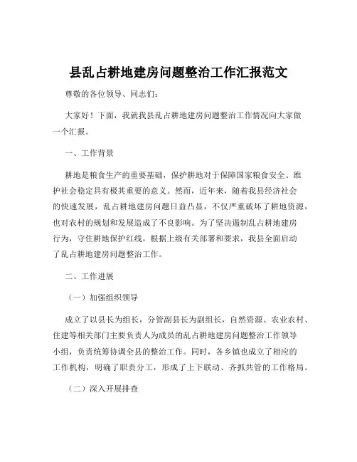 县乱占耕地建房问题整治工作汇报范文