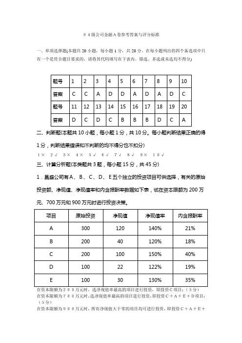 公司金融A卷参考答案与评分标准