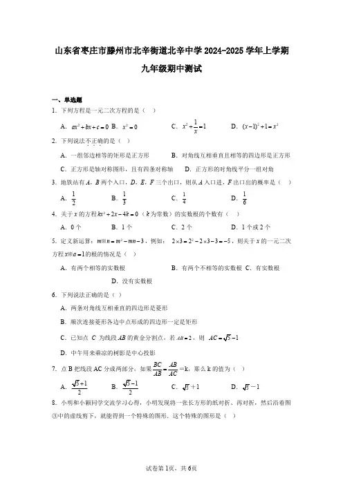 山东省枣庄市滕州市北辛街道北辛中学2024-2025学年上学期九年级期中测试