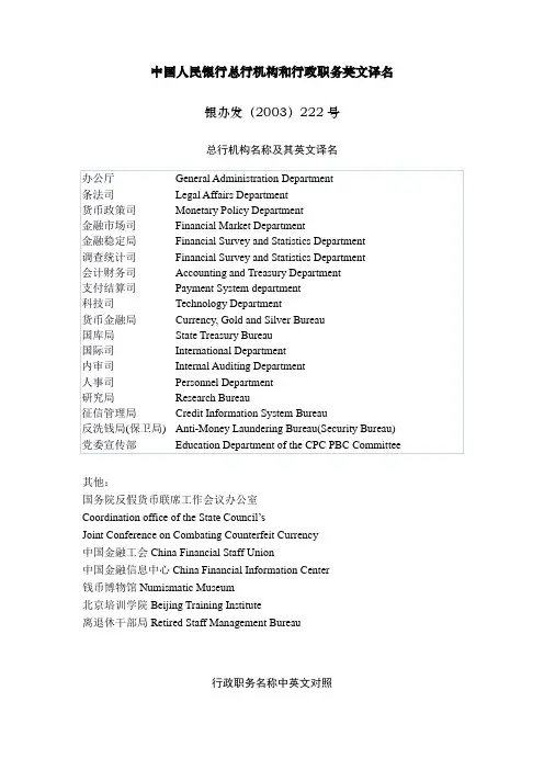 中国人民银行总行机构和行政职务英文译名[1]