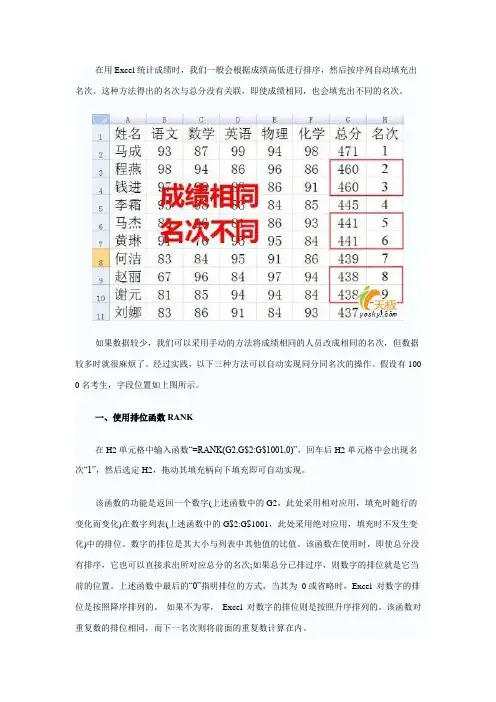 Excel做成绩表时自动实现同分同名次