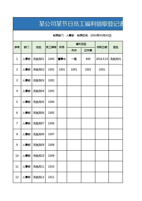 员工节日福利发放登记表excel模板