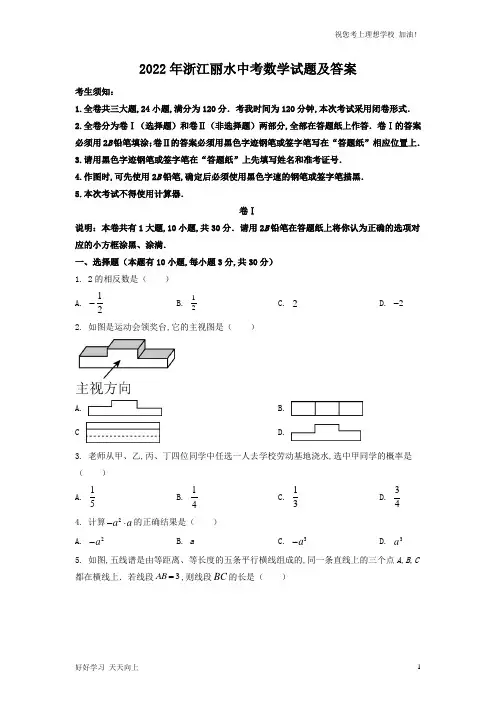 2022年浙江丽水中考数学试题及答案