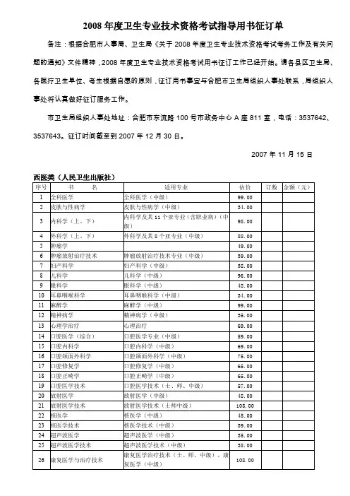 2008年度卫生专业技术资格考试指导用书征订单.