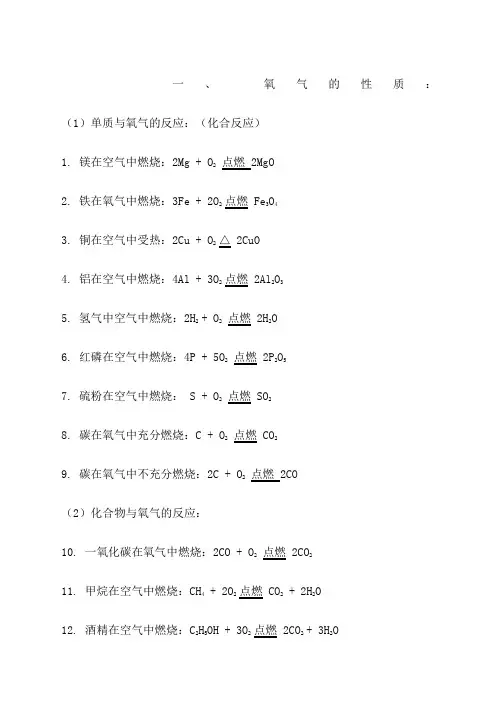 人教版初中化学方程式大全