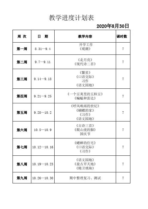 部编版四年级语文上册教学进度计划表
