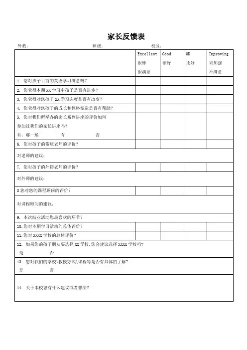 家长反馈表(标准模版)