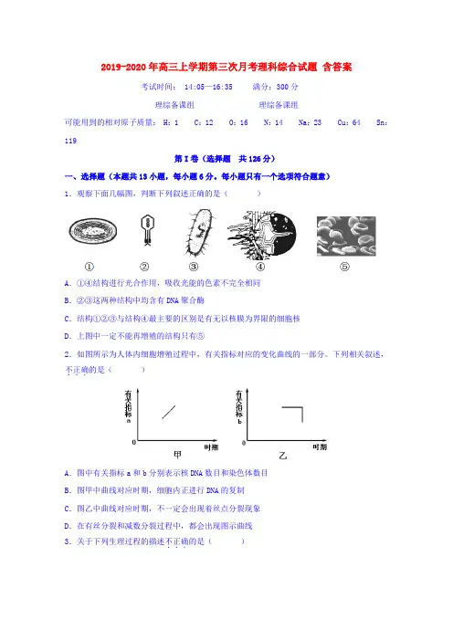 2019-2020年高三上学期第三次月考理科综合试题 含答案