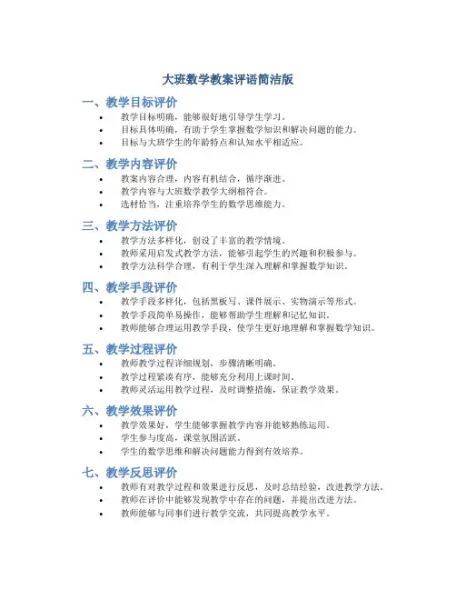 大班数学教案评语简洁版