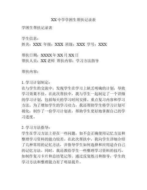 XX中学学困生帮扶记录表