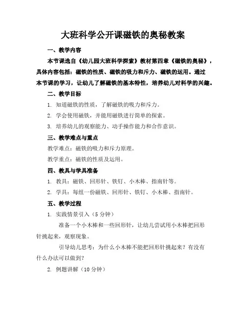 大班科学公开课磁铁的奥秘教案