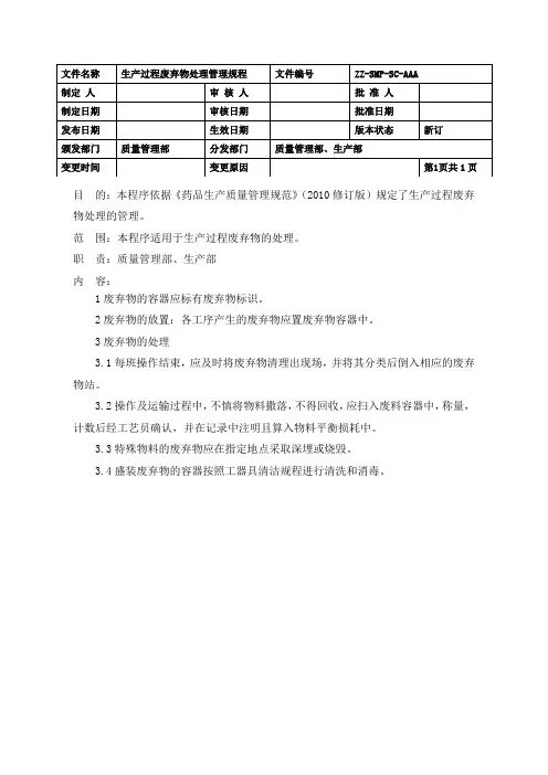 制药企业生产过程废弃物处理管理规程(GMP)