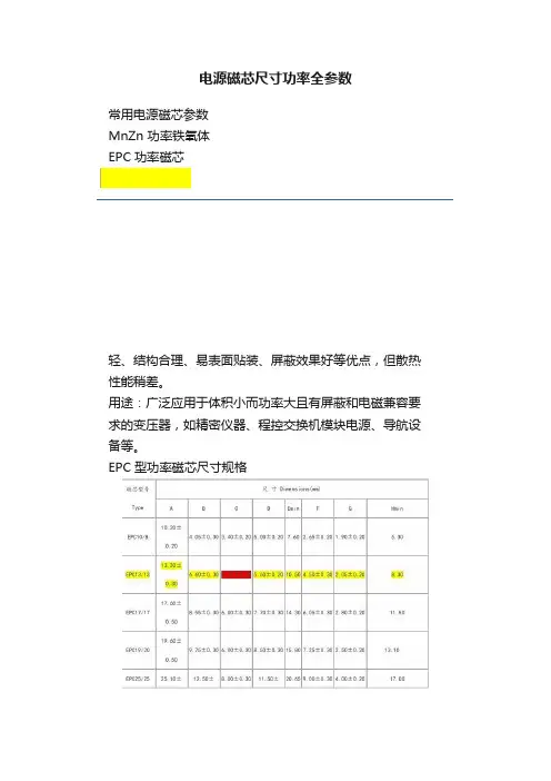 电源磁芯尺寸功率全参数