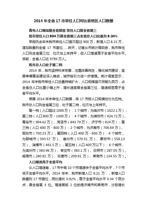 2014年全省17市常住人口对比表地区人口数量
