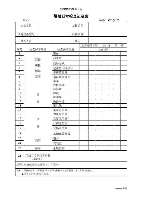 塔吊日常检查记录表