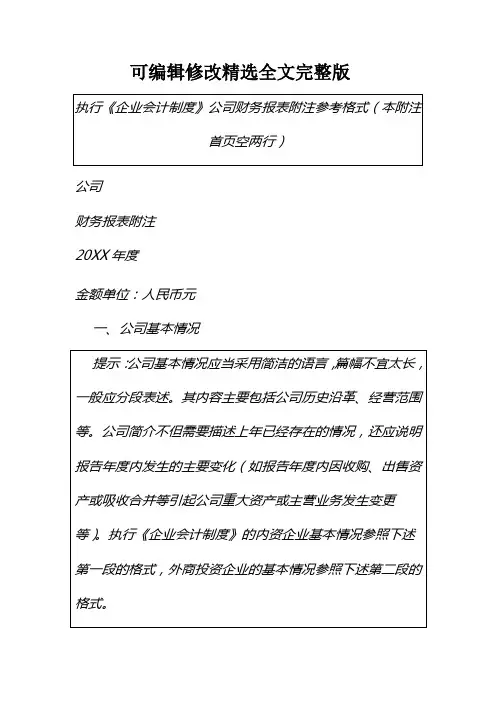 执行《企业会计制度》公司财务报表附注(表格版)模板[推荐]精选全文完整版