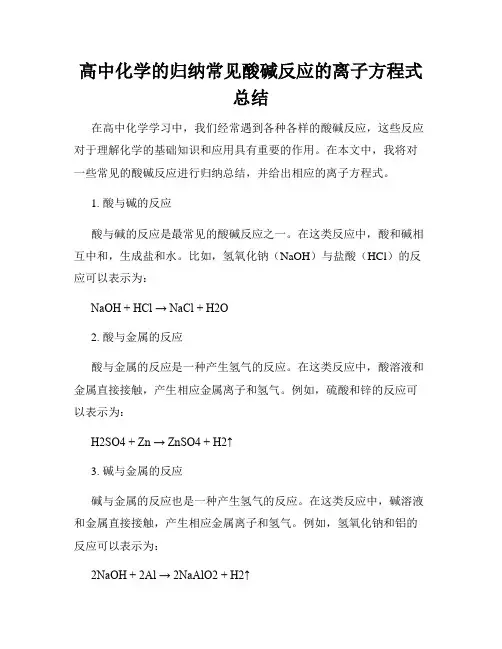 高中化学的归纳常见酸碱反应的离子方程式总结