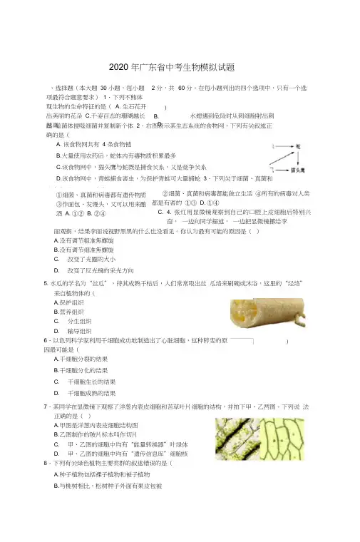 2020年广东省中考生物模拟试题(含答案)