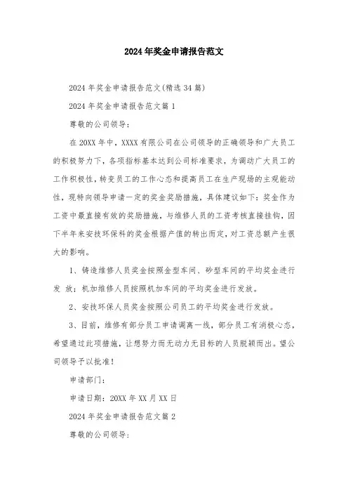 2024年奖金申请报告范文