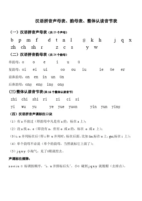 汉语拼音声母表、韵母表、整体认读及声调