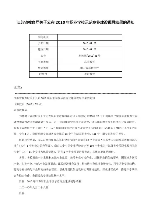 江苏省教育厅关于公布2010年职业学校示范专业建设视导结果的通知-苏教职[2010]35号