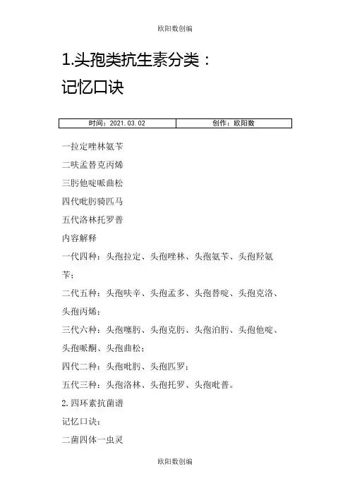 抗生素快速记忆口诀之欧阳数创编