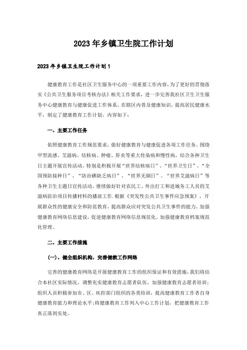 2023年乡镇卫生院工作计划