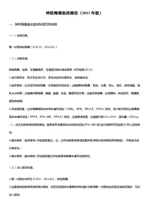 神经梅毒临床路径(2017年版)