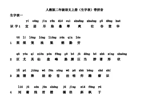 人教版二年级语文上册(生字表)带拼音