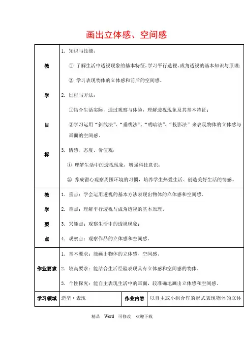 岭南版五年级下册美术《画出立体感、空间感》精品教案
