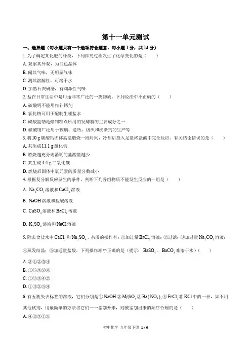 (人教版)初中化学九年级下册第十一单元测试试卷(含答案)03