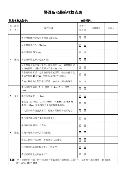 塔设备安装验收检查表