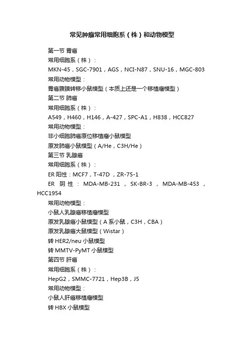 常见肿瘤常用细胞系（株）和动物模型