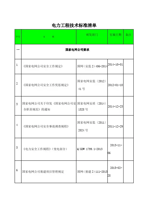 电力工程技术标准清单月