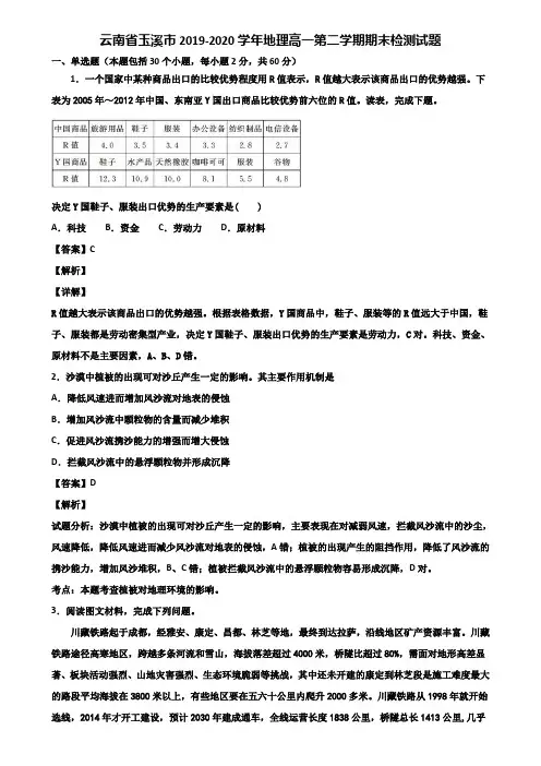云南省玉溪市2019-2020学年地理高一第二学期期末检测试题含解析