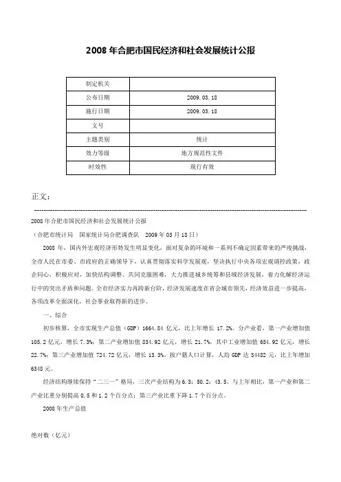 2008年合肥市国民经济和社会发展统计公报-