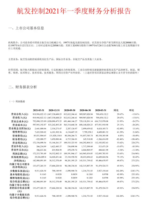 航发控制2021年一季度财务分析报告